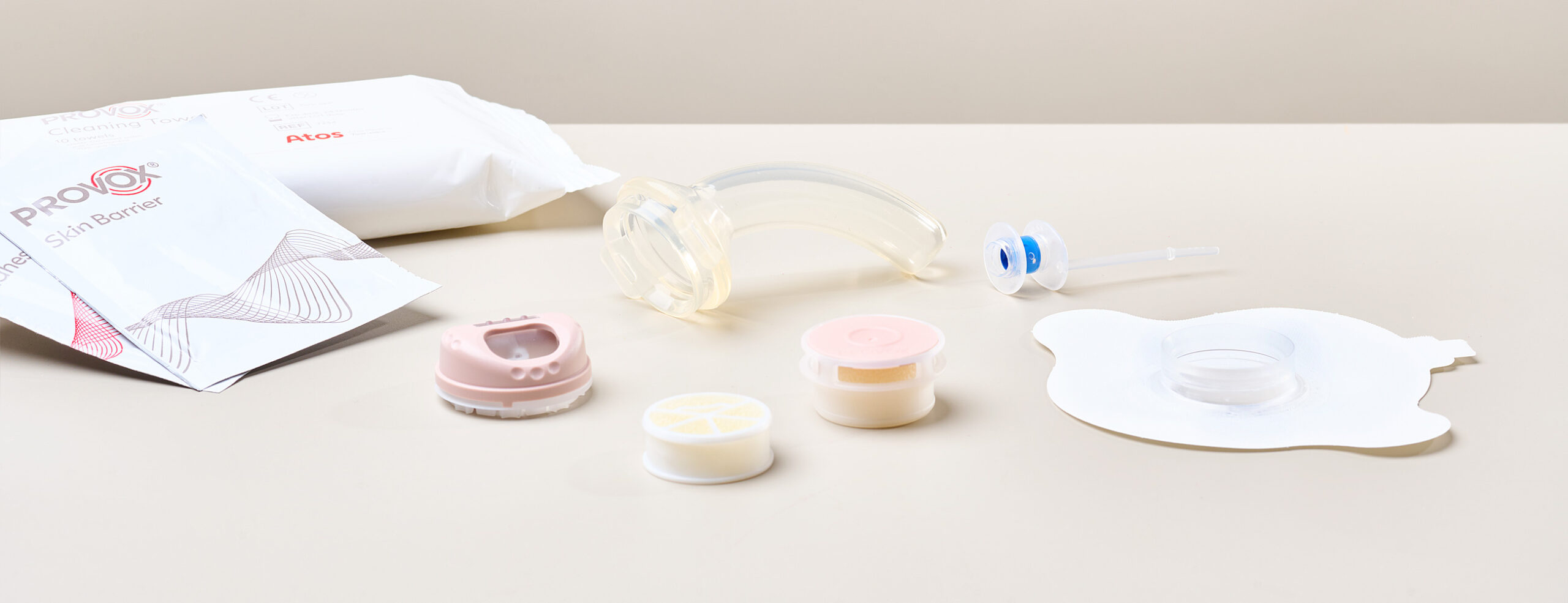 Atos patient products including HME, adhesives, tracheostomy tube, and wipes